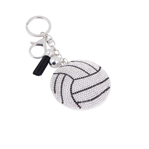 Bling Crystal Black White Volleyball Tassel Keychain Keyring Bag Purse Charm - Picture 1 of 3